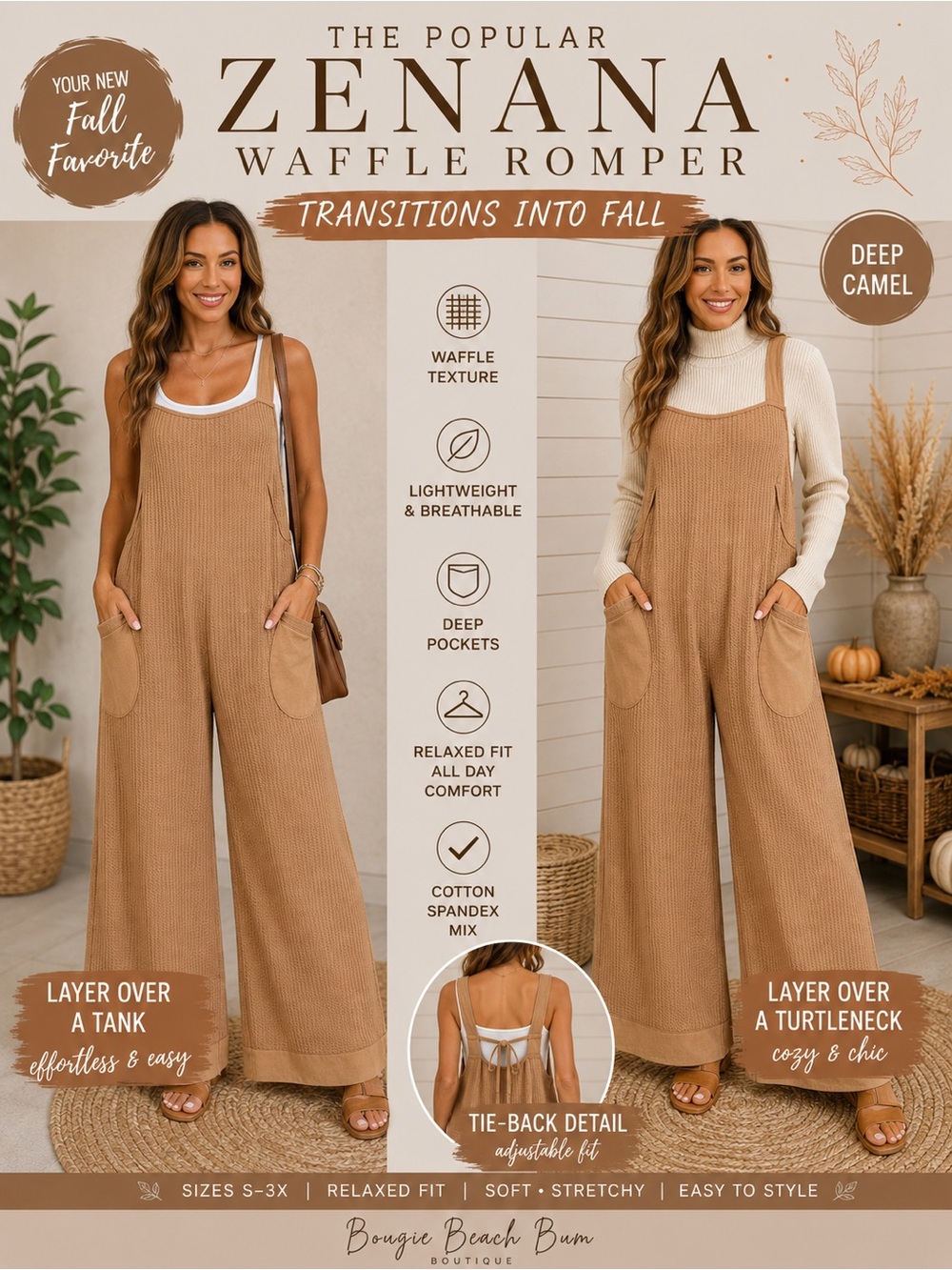 Zenana Outfitters Deep Camel Waffle Jumpsuit Romper